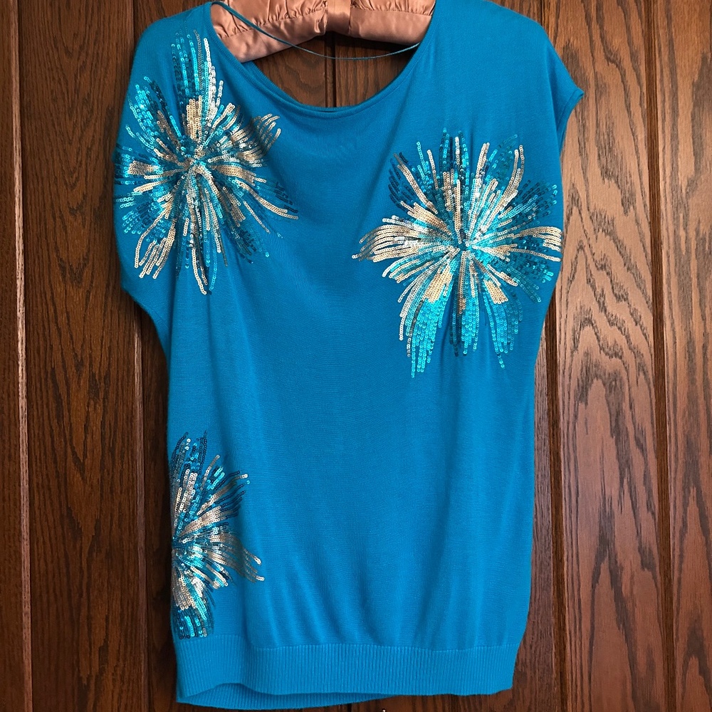 INC International Concepts Blue Top with Sequins Flower Design, Size M